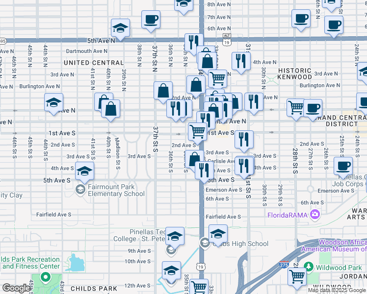map of restaurants, bars, coffee shops, grocery stores, and more near 3526 1st Avenue South in St. Petersburg