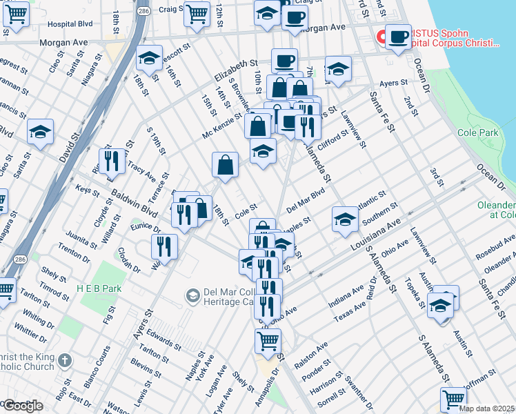 map of restaurants, bars, coffee shops, grocery stores, and more near 1736 16th Street in Corpus Christi