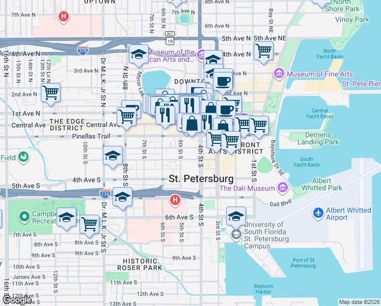 map of restaurants, bars, coffee shops, grocery stores, and more near 201 4th Street South in St. Petersburg