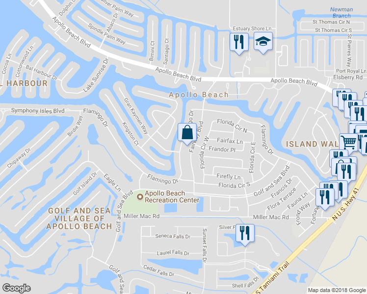 map of restaurants, bars, coffee shops, grocery stores, and more near 6309 Flamingo Drive in Apollo Beach