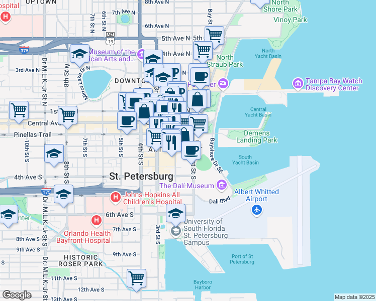 map of restaurants, bars, coffee shops, grocery stores, and more near 100 2nd Avenue South in St. Petersburg