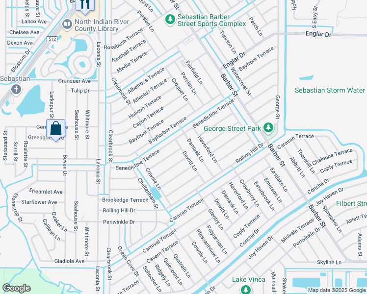 map of restaurants, bars, coffee shops, grocery stores, and more near 1314 Dewitt Lane in Sebastian