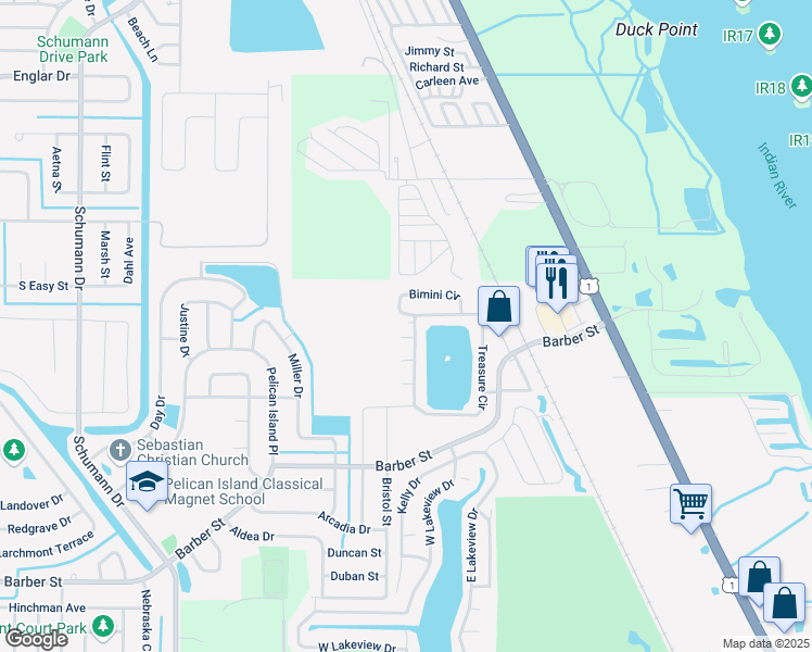 map of restaurants, bars, coffee shops, grocery stores, and more near 39 Treasure Circle in Sebastian