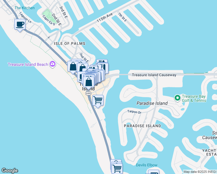 map of restaurants, bars, coffee shops, grocery stores, and more near 255 104th Avenue in Treasure Island