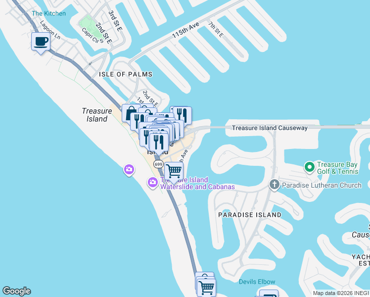 map of restaurants, bars, coffee shops, grocery stores, and more near 175 107th Avenue in Treasure Island