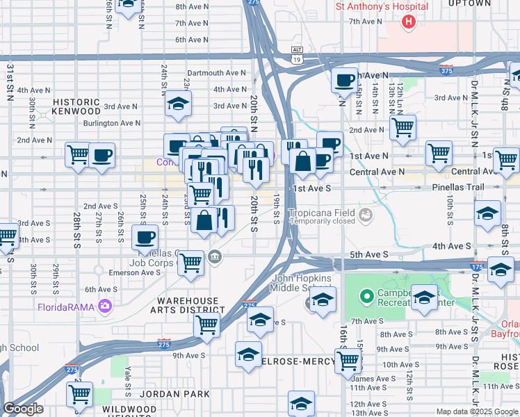 map of restaurants, bars, coffee shops, grocery stores, and more near 2001 2nd Avenue South in St. Petersburg