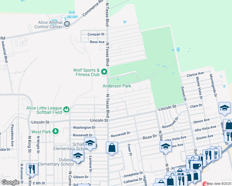 map of restaurants, bars, coffee shops, grocery stores, and more near 1111 Woodworth Drive in Alice