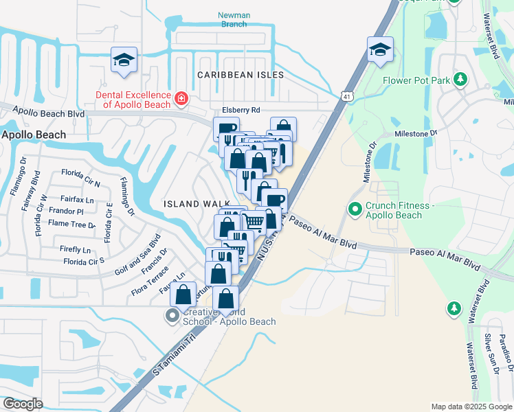 map of restaurants, bars, coffee shops, grocery stores, and more near 100 Frandorson Circle in Apollo Beach