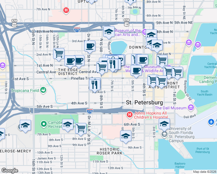 map of restaurants, bars, coffee shops, grocery stores, and more near 720 2nd Avenue South in Saint Petersburg