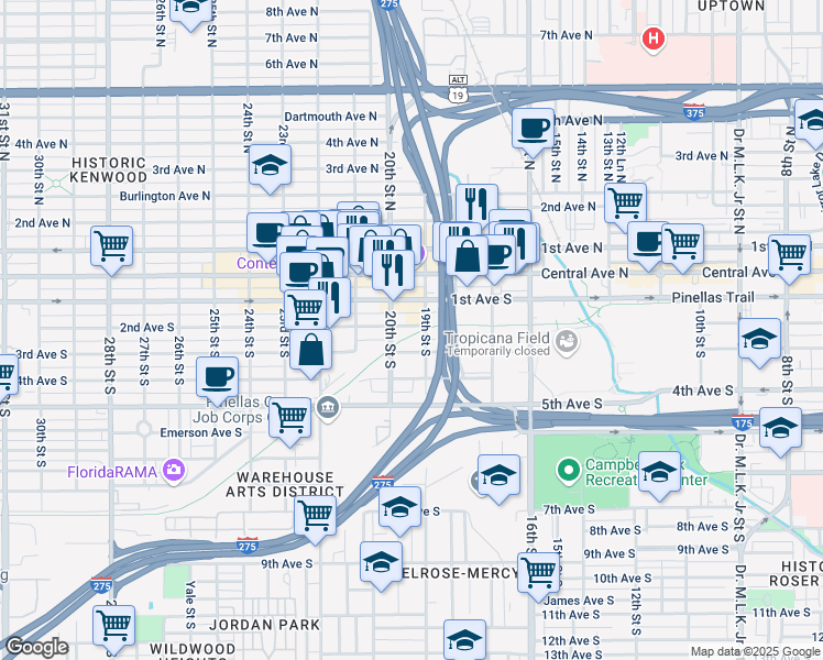 map of restaurants, bars, coffee shops, grocery stores, and more near 128 19th Street South in St. Petersburg