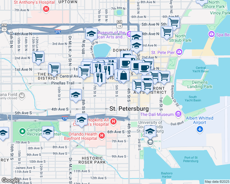 map of restaurants, bars, coffee shops, grocery stores, and more near 540 2nd Avenue South in St. Petersburg