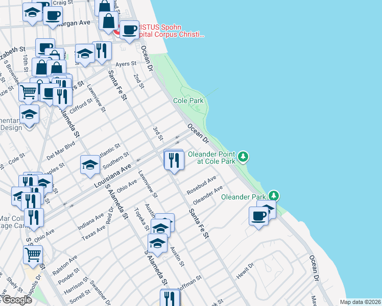map of restaurants, bars, coffee shops, grocery stores, and more near 2738 Denver Avenue in Corpus Christi