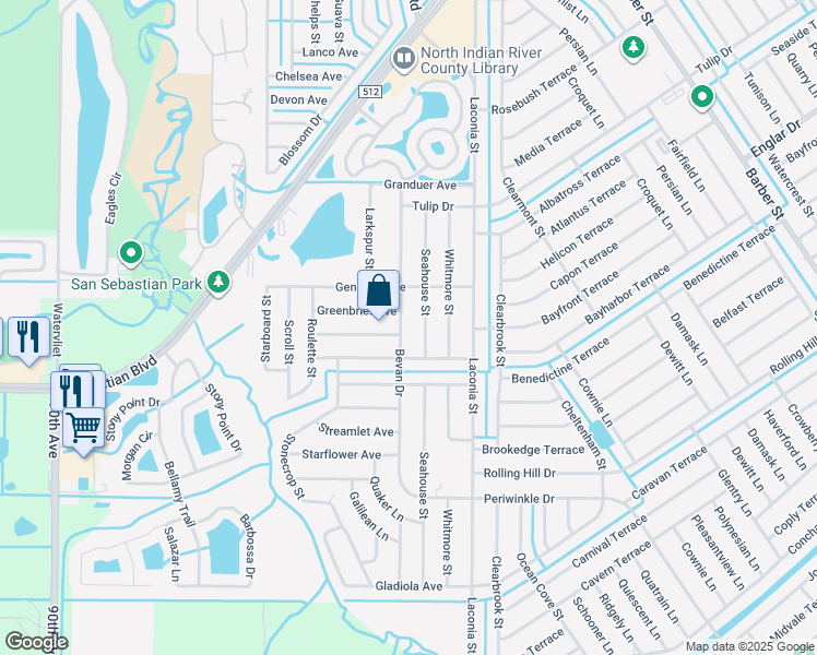 map of restaurants, bars, coffee shops, grocery stores, and more near 1342 Bevan Drive in Sebastian