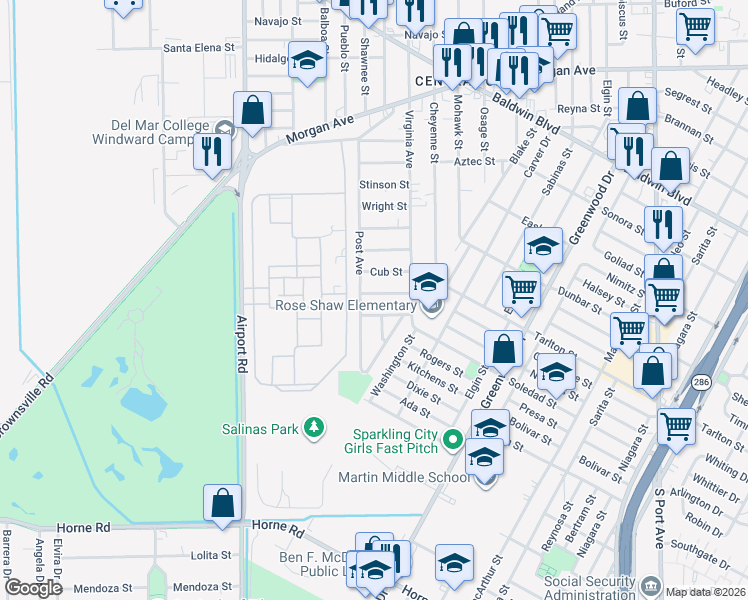 map of restaurants, bars, coffee shops, grocery stores, and more near 3637 Fairchild Street in Corpus Christi