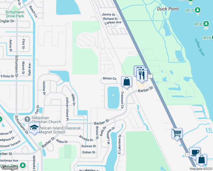 map of restaurants, bars, coffee shops, grocery stores, and more near 39 Treasure Cir in Sebastian