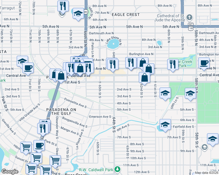 map of restaurants, bars, coffee shops, grocery stores, and more near 6427 2nd Avenue South in St. Petersburg