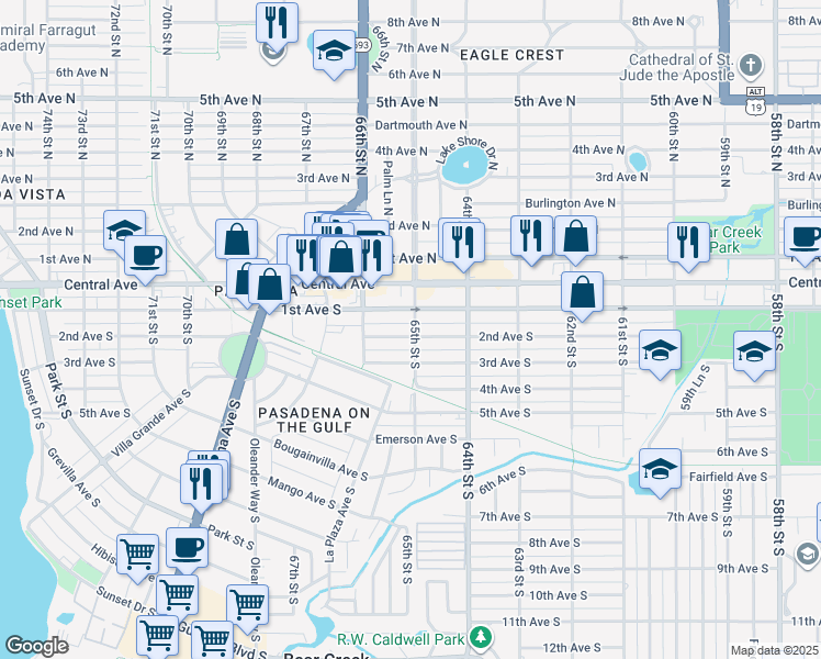 map of restaurants, bars, coffee shops, grocery stores, and more near 6501 2nd Avenue South in Saint Petersburg