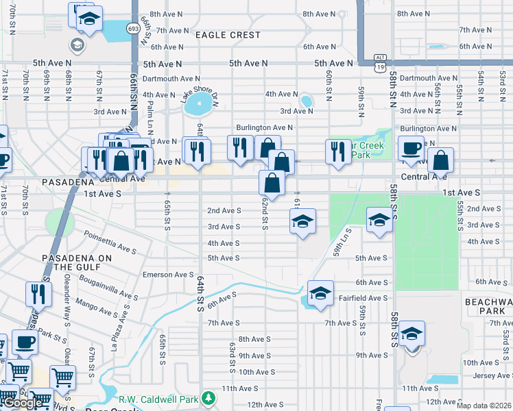 map of restaurants, bars, coffee shops, grocery stores, and more near 6211 2nd Avenue South in St. Petersburg