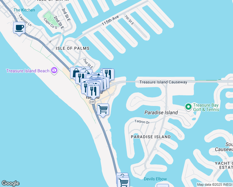 map of restaurants, bars, coffee shops, grocery stores, and more near 255 104th Avenue in Treasure Island
