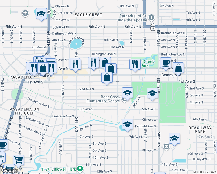 map of restaurants, bars, coffee shops, grocery stores, and more near 6133 2nd Avenue South in St. Petersburg