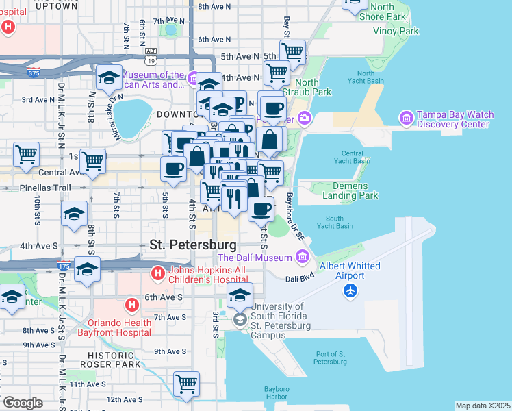map of restaurants, bars, coffee shops, grocery stores, and more near 100 2nd Avenue South in St. Petersburg