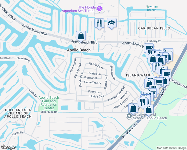 map of restaurants, bars, coffee shops, grocery stores, and more near 520 Fairfax Lane in Apollo Beach