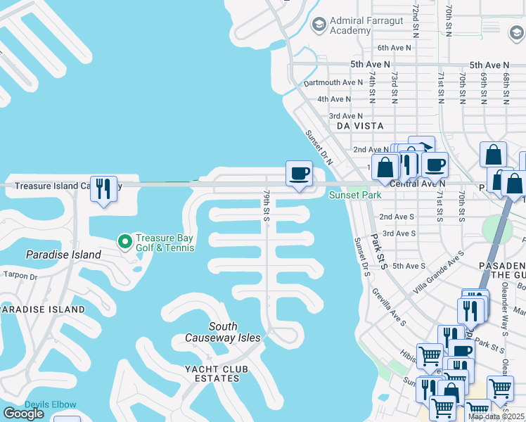map of restaurants, bars, coffee shops, grocery stores, and more near 99 79th Street South in St. Petersburg