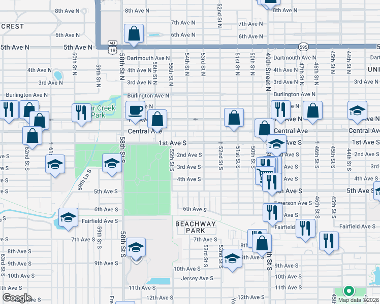 map of restaurants, bars, coffee shops, grocery stores, and more near 5355 2nd Avenue South in St. Petersburg