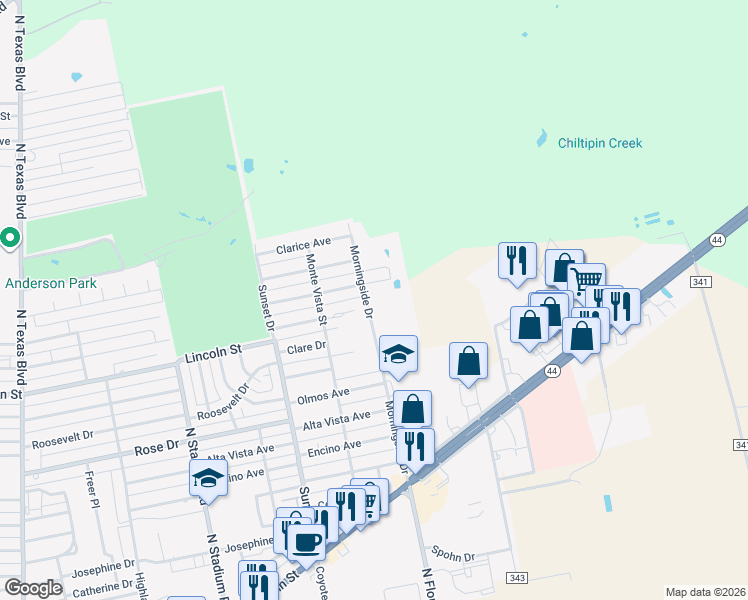 map of restaurants, bars, coffee shops, grocery stores, and more near 1712 Morningside Drive in Alice