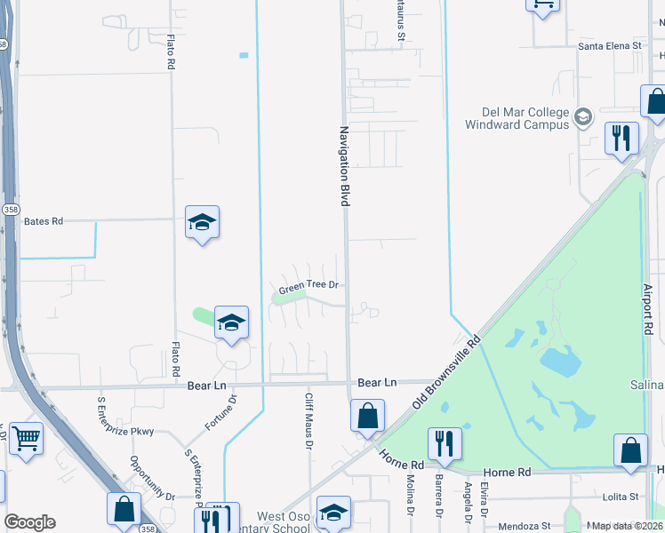 map of restaurants, bars, coffee shops, grocery stores, and more near 1004 Green Valley Drive in Corpus Christi