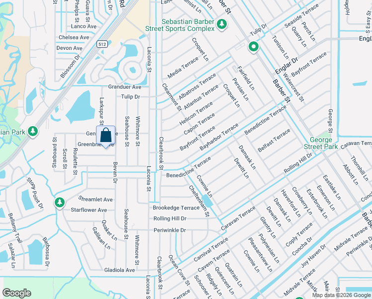 map of restaurants, bars, coffee shops, grocery stores, and more near 732 Bayfront Terrace in Sebastian