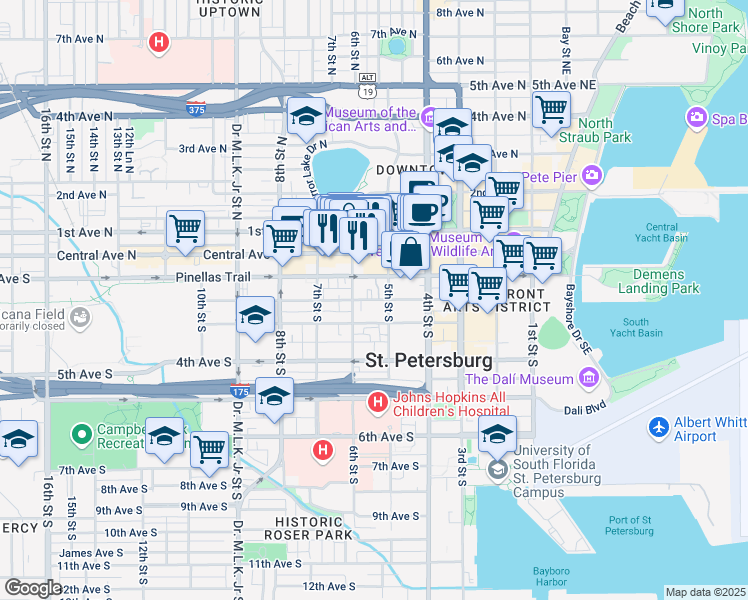 map of restaurants, bars, coffee shops, grocery stores, and more near 540 2nd Avenue South in St. Petersburg