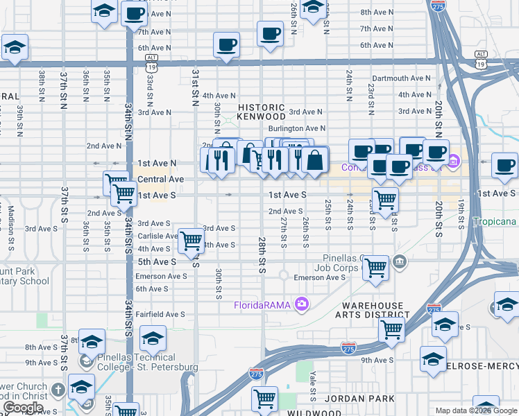 map of restaurants, bars, coffee shops, grocery stores, and more near 2751 2nd Avenue South in St. Petersburg