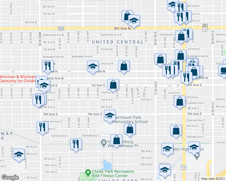 map of restaurants, bars, coffee shops, grocery stores, and more near 117 41st Street South in St. Petersburg