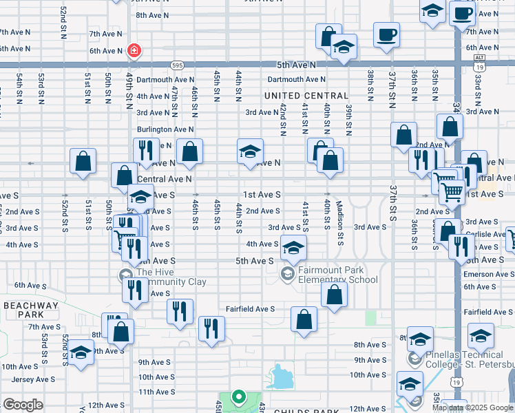 map of restaurants, bars, coffee shops, grocery stores, and more near 4319 2nd Avenue South in St. Petersburg