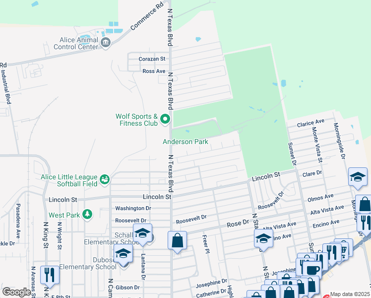 map of restaurants, bars, coffee shops, grocery stores, and more near 1111 Woodworth Drive in Alice