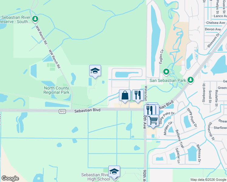 map of restaurants, bars, coffee shops, grocery stores, and more near 505 Sebastian Crossings Boulevard in Sebastian