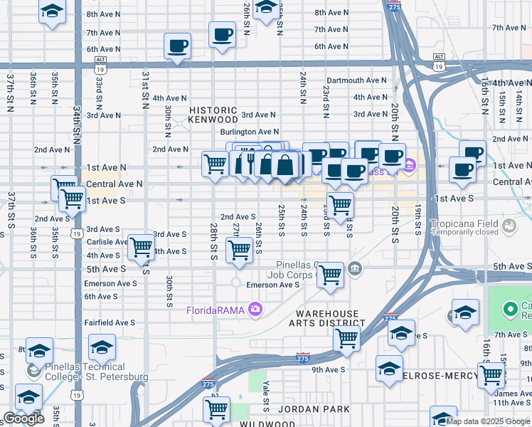 map of restaurants, bars, coffee shops, grocery stores, and more near 2545 2nd Avenue South in St. Petersburg