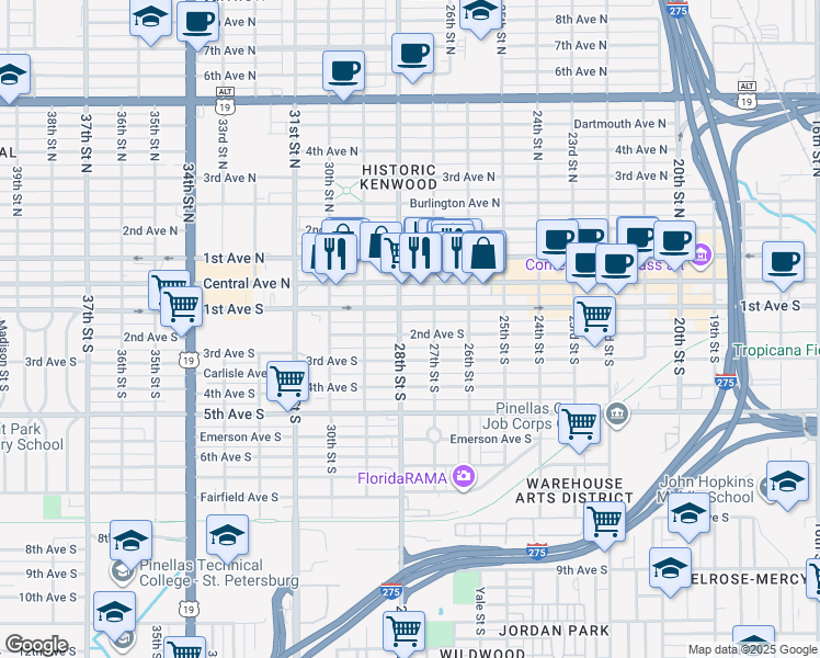 map of restaurants, bars, coffee shops, grocery stores, and more near 2751 2nd Avenue South in St. Petersburg