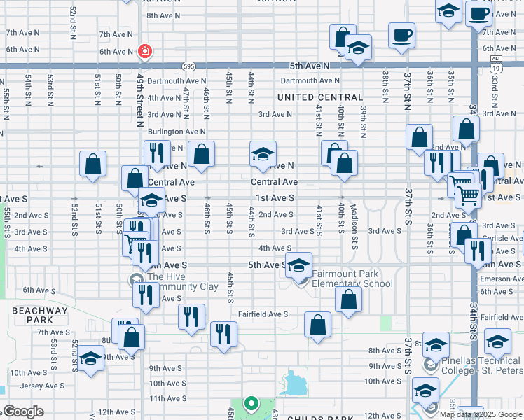 map of restaurants, bars, coffee shops, grocery stores, and more near 4319 2nd Avenue South in St. Petersburg