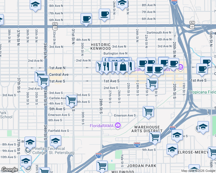 map of restaurants, bars, coffee shops, grocery stores, and more near 2651 2nd Avenue South in St. Petersburg