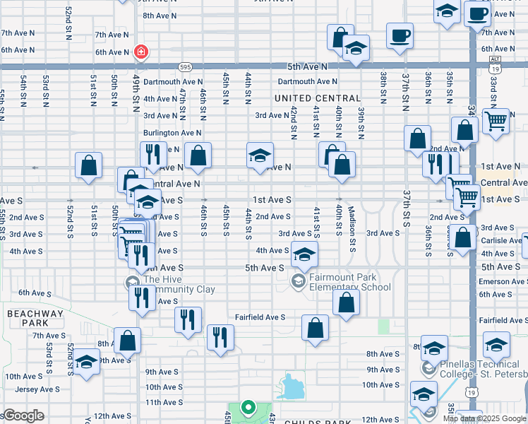 map of restaurants, bars, coffee shops, grocery stores, and more near 4319 2nd Avenue South in Saint Petersburg