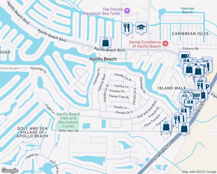 map of restaurants, bars, coffee shops, grocery stores, and more near 6321 Florida Circle North in Apollo Beach