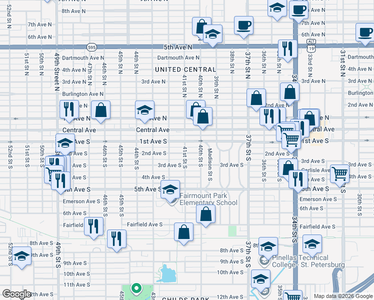 map of restaurants, bars, coffee shops, grocery stores, and more near 117 41st Street South in St. Petersburg