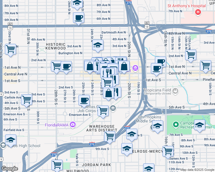 map of restaurants, bars, coffee shops, grocery stores, and more near 2221 2nd Avenue South in St. Petersburg