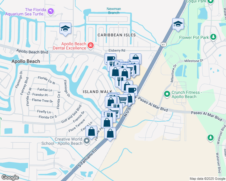 map of restaurants, bars, coffee shops, grocery stores, and more near 142 Lookout Drive in Apollo Beach