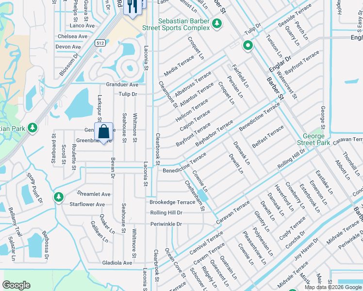 map of restaurants, bars, coffee shops, grocery stores, and more near 732 Bayfront Terrace in Sebastian