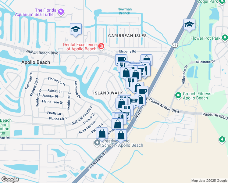 map of restaurants, bars, coffee shops, grocery stores, and more near 119 Island Water Way in Apollo Beach