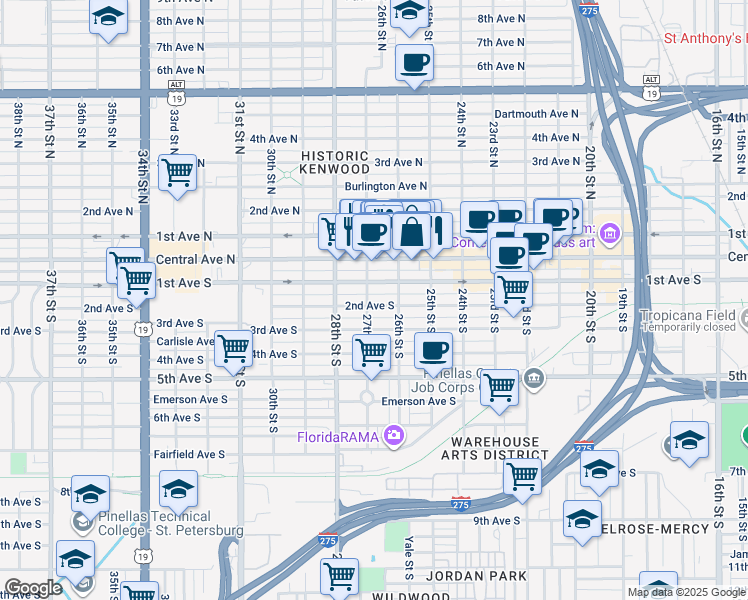 map of restaurants, bars, coffee shops, grocery stores, and more near 2651 2nd Avenue South in St. Petersburg