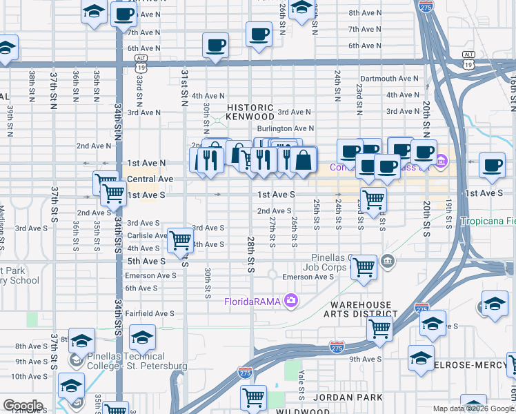 map of restaurants, bars, coffee shops, grocery stores, and more near 2751 2nd Avenue South in St. Petersburg